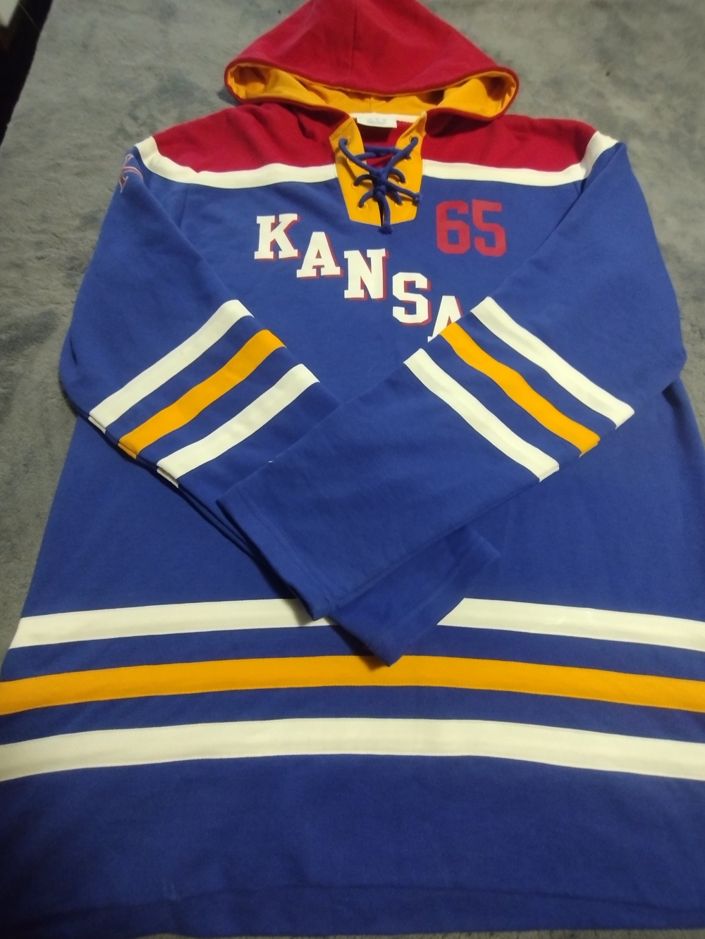 Champion Blue Hooded Kansas Hockey Pullover with Red Hood